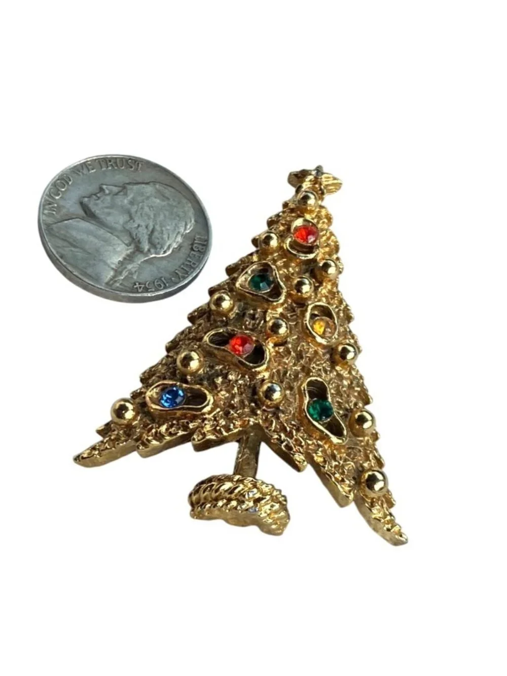 Gold Tone Christmas Tree Pin Brooch Multicolor Rhinestones Star Accent Signed